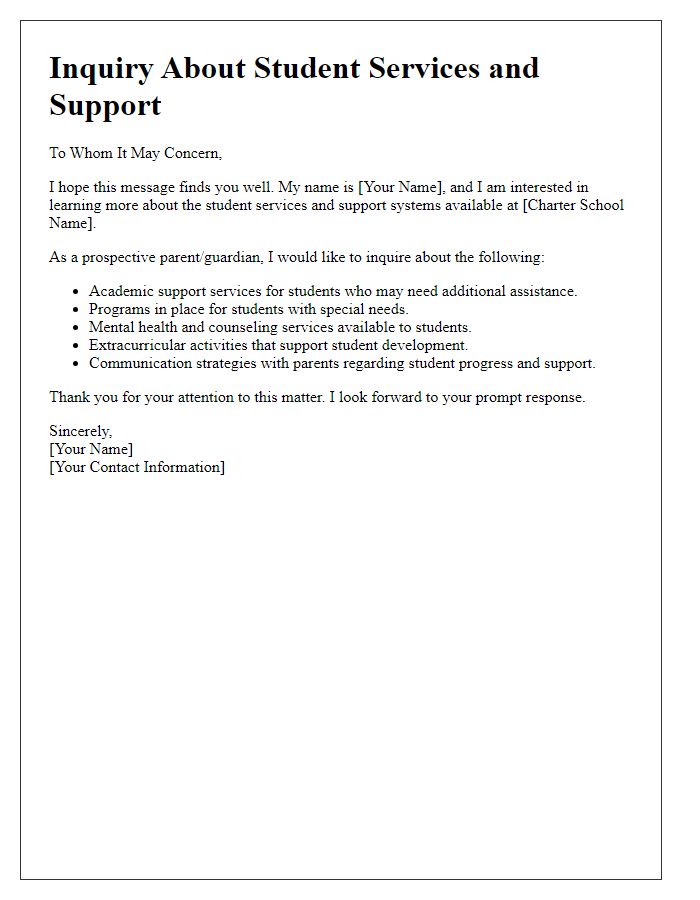 Letter template of inquiry about charter school student services and support