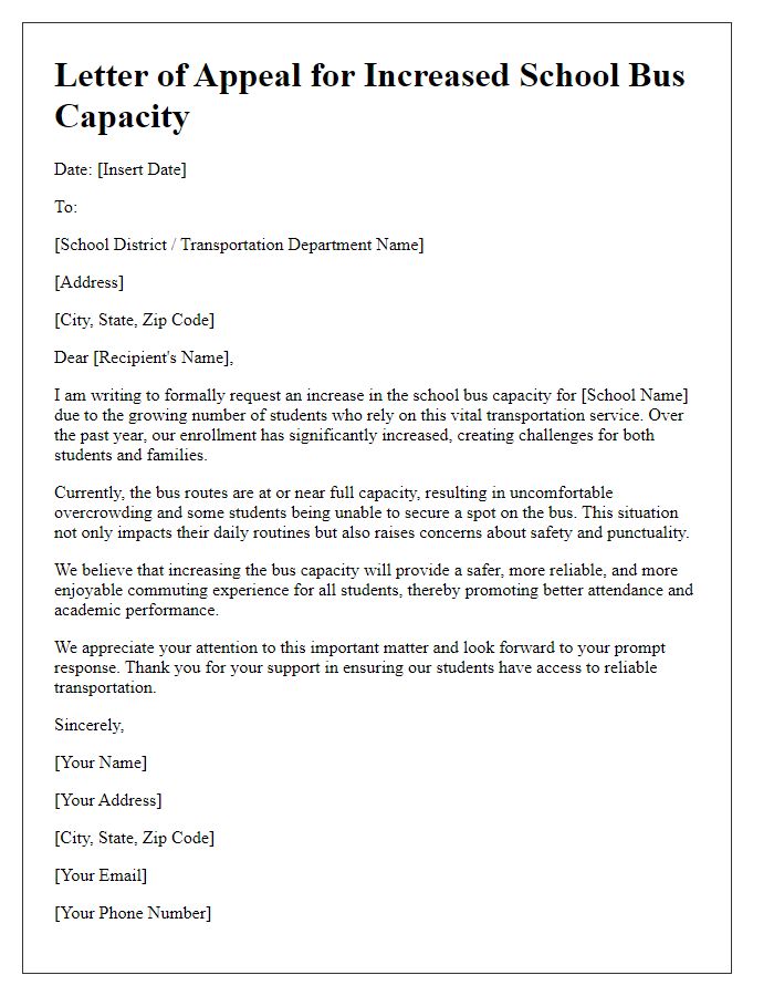 Letter template of appeal for increased school bus capacity.