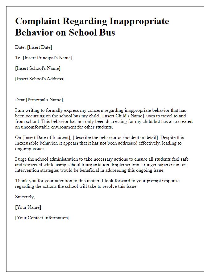 Letter template of complaint about inappropriate behavior on school bus.