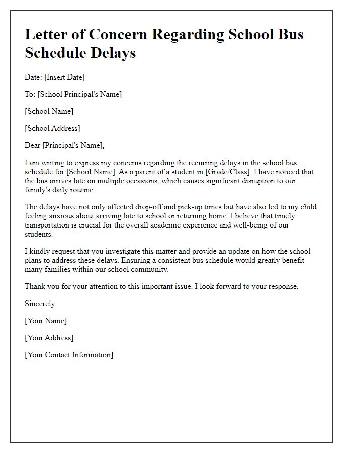 Letter template of concerns regarding school bus schedule delays.