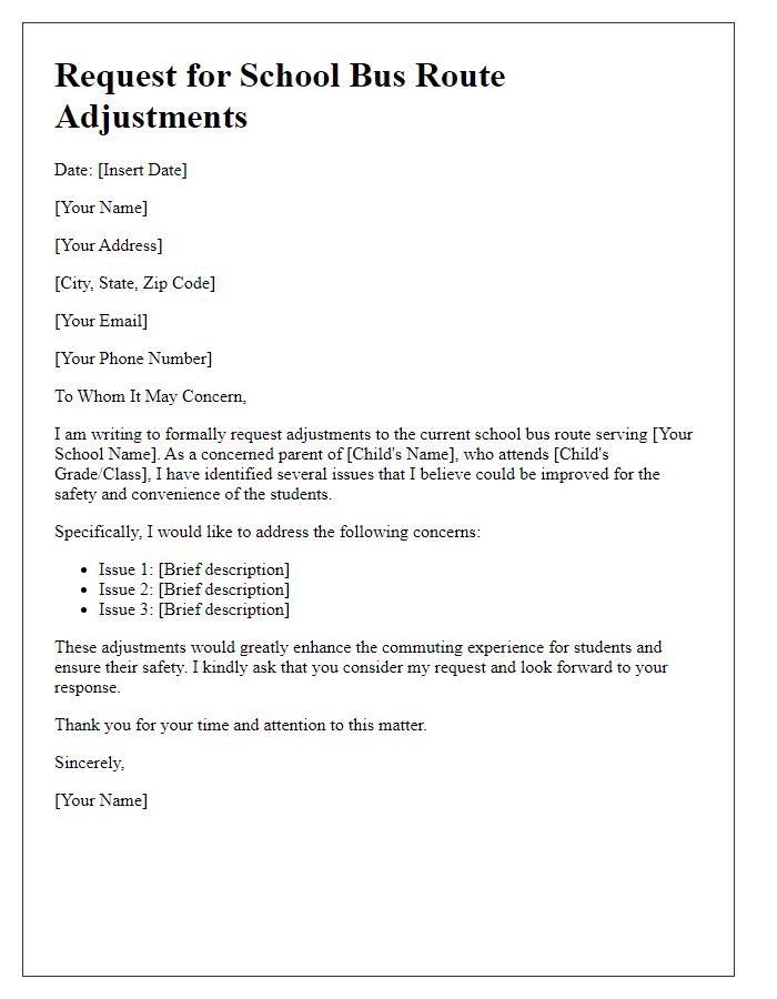 Letter template of request for school bus route adjustments.