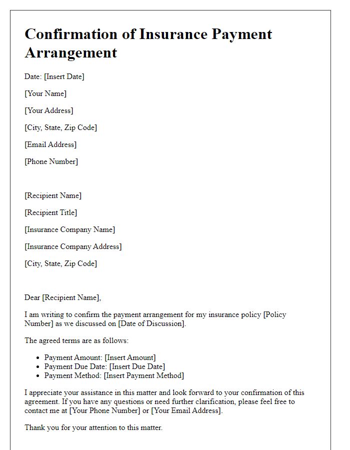 Letter template of confirmation for agreed insurance payment arrangement