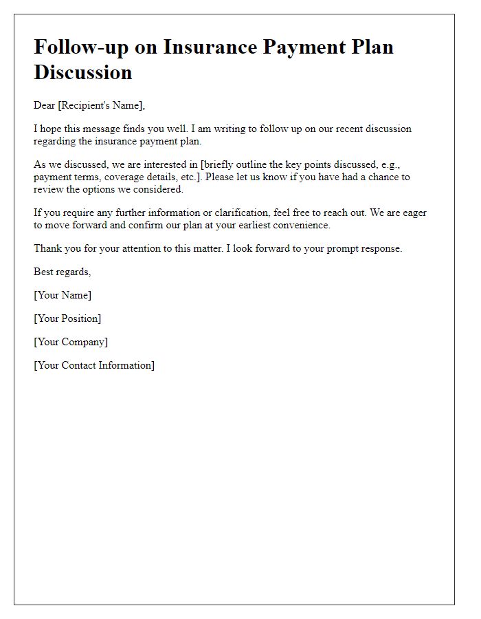 Letter template of follow-up on insurance payment plan discussion