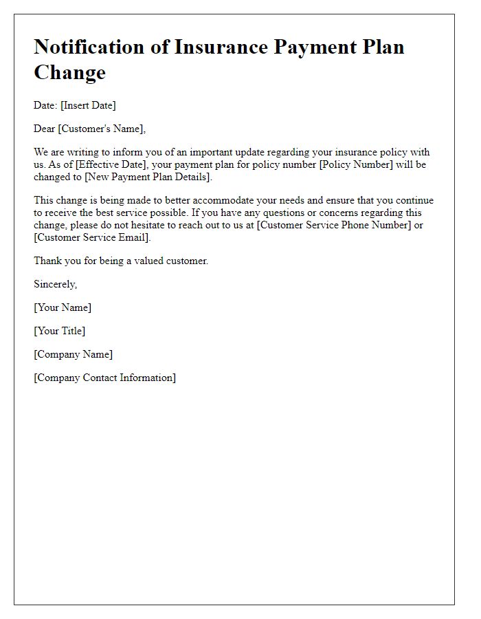 Letter template of notification for insurance payment plan change