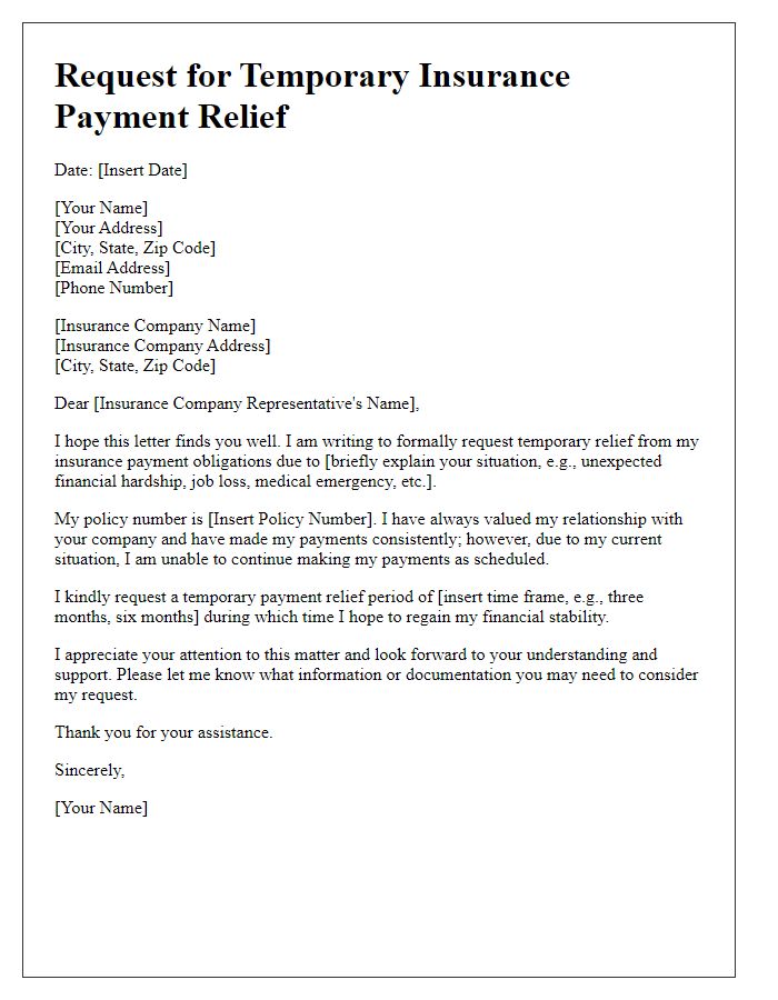 Letter template of request for temporary insurance payment relief