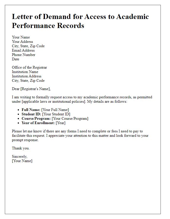 Letter template of demand for access to academic performance records.