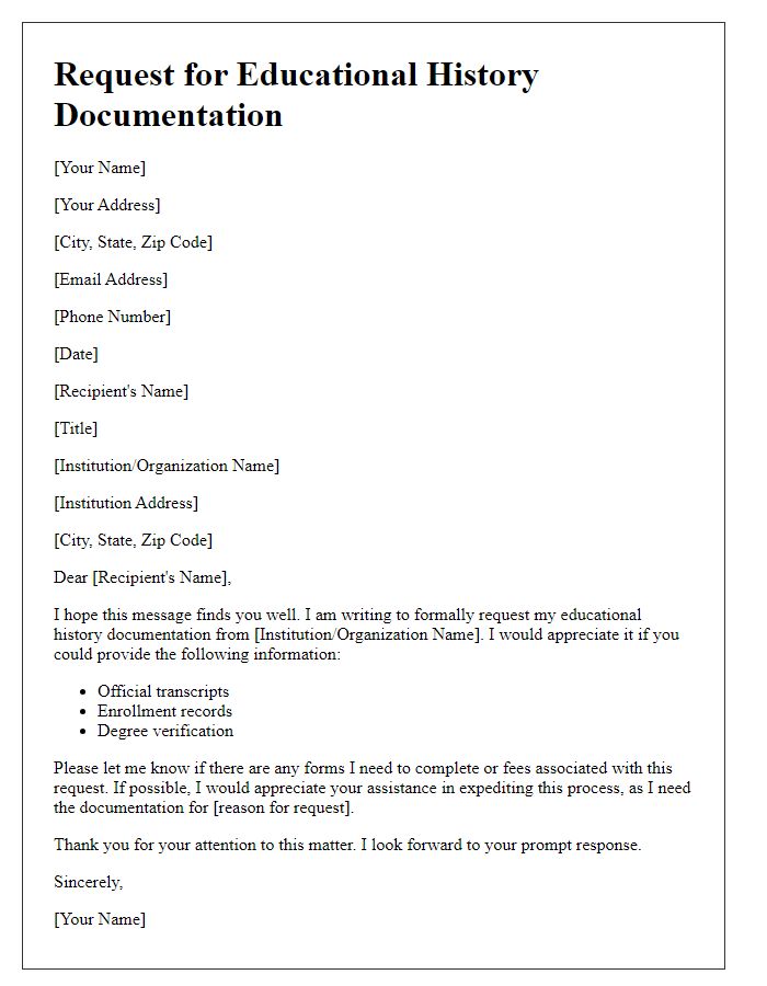 Letter template of formal request for educational history documentation.