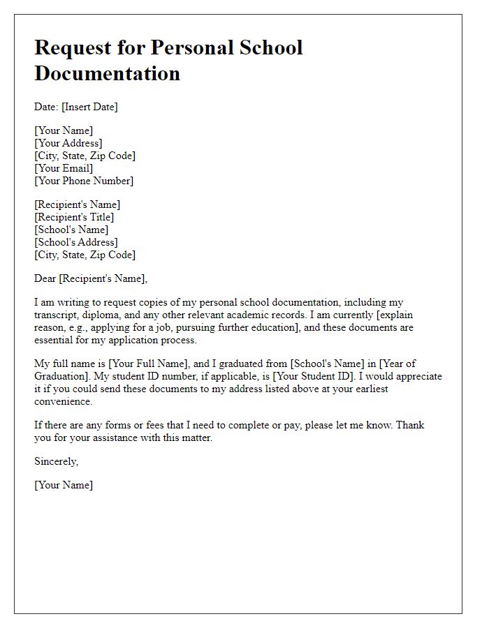 Letter template of solicitation for personal school documentation.