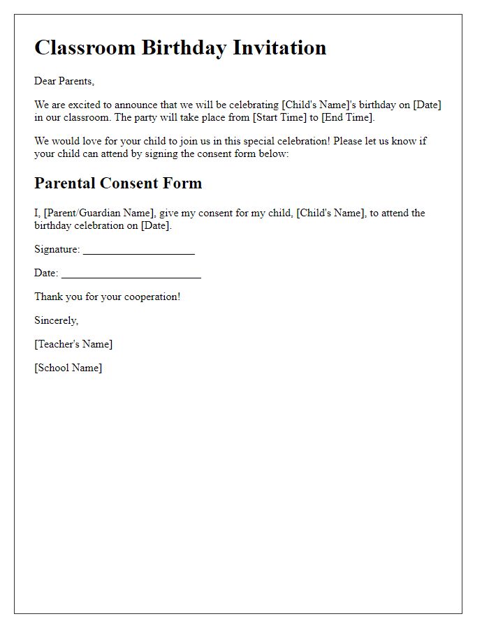 Letter template of classroom birthday invitation for parental consent