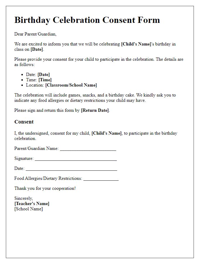 Letter template of consent form for birthday celebration in class