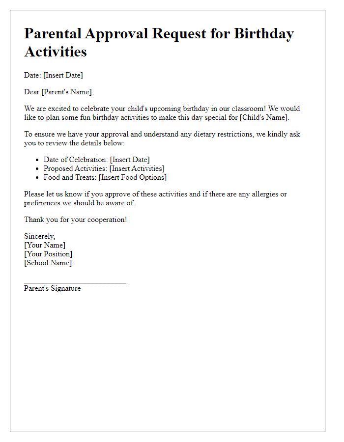 Letter template of parental approval request for classroom birthday activities