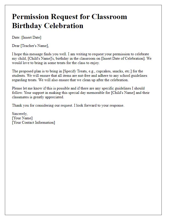 Letter template of permission request for a classroom birthday event