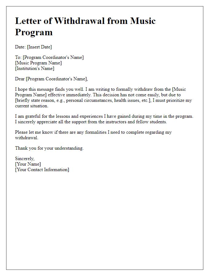 Letter template of reason for withdrawal from music program