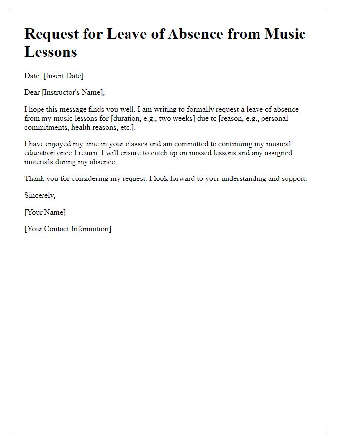 Letter template of request for a leave of absence from music lessons