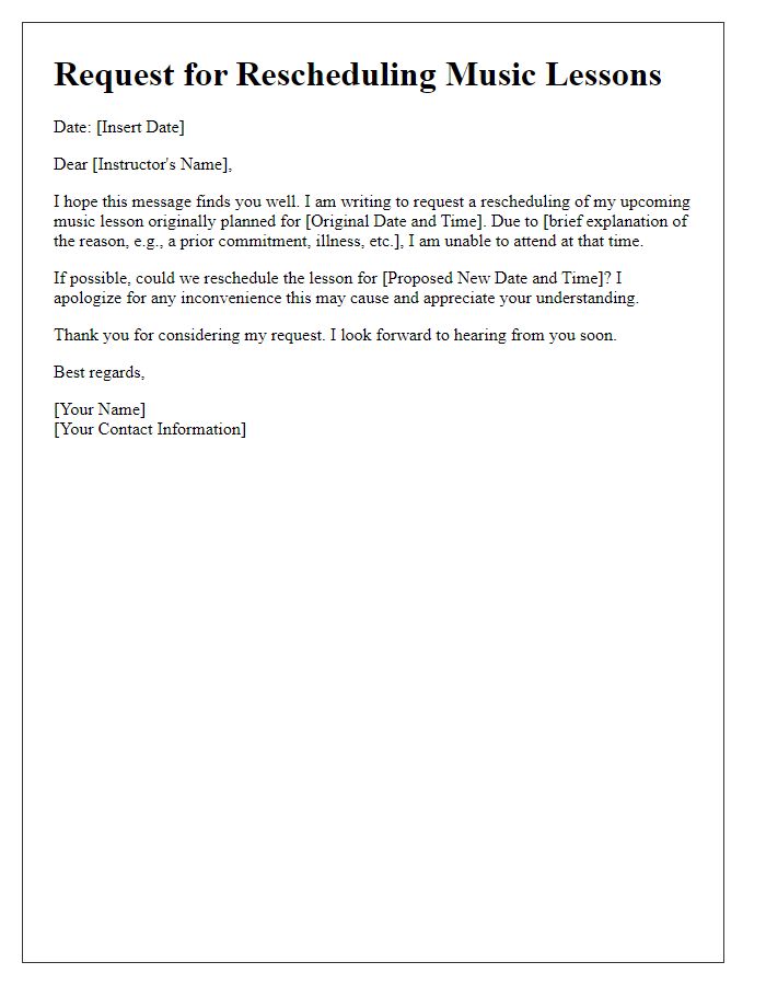 Letter template of request for rescheduling music lessons