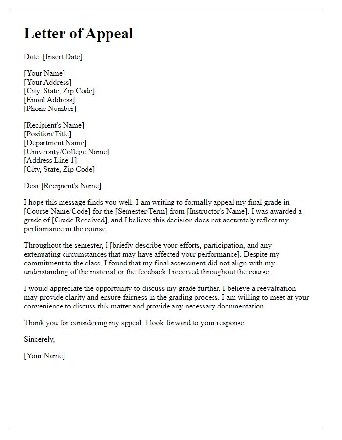 Letter template of appeal for academic grading decision