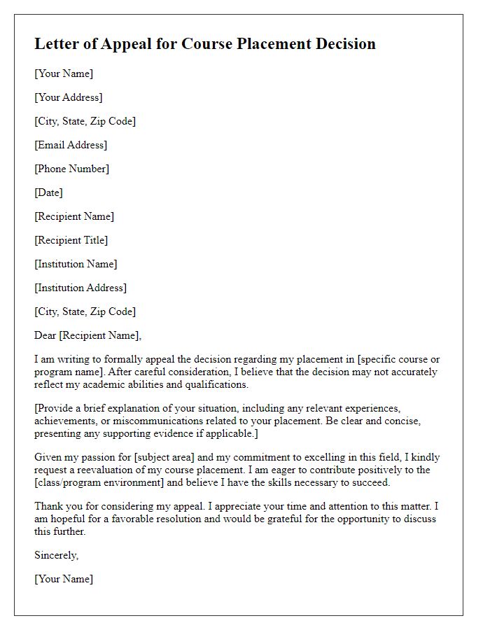 Letter template of appeal for course placement decision