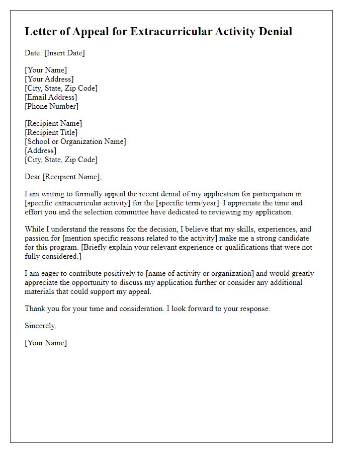 Letter template of appeal for extracurricular activity denial