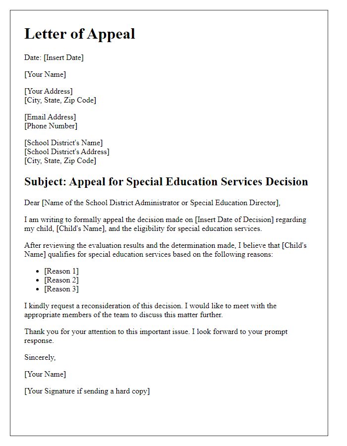 Letter template of appeal for special education services decision