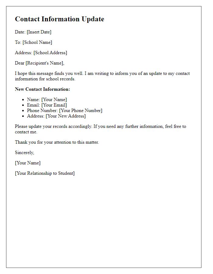 Letter template of contact information update for school records