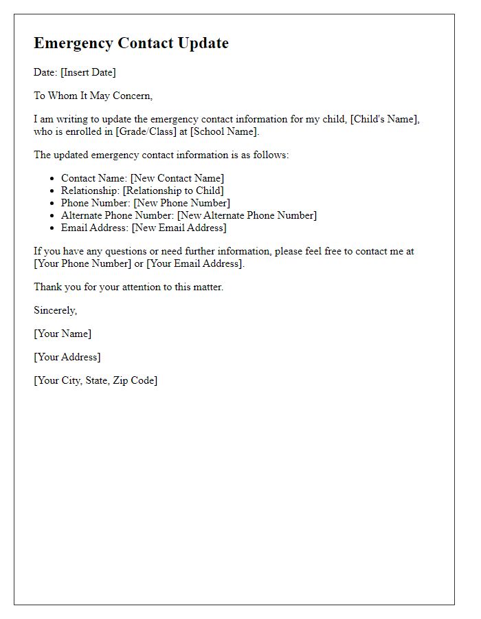 Letter template of emergency contact update for school