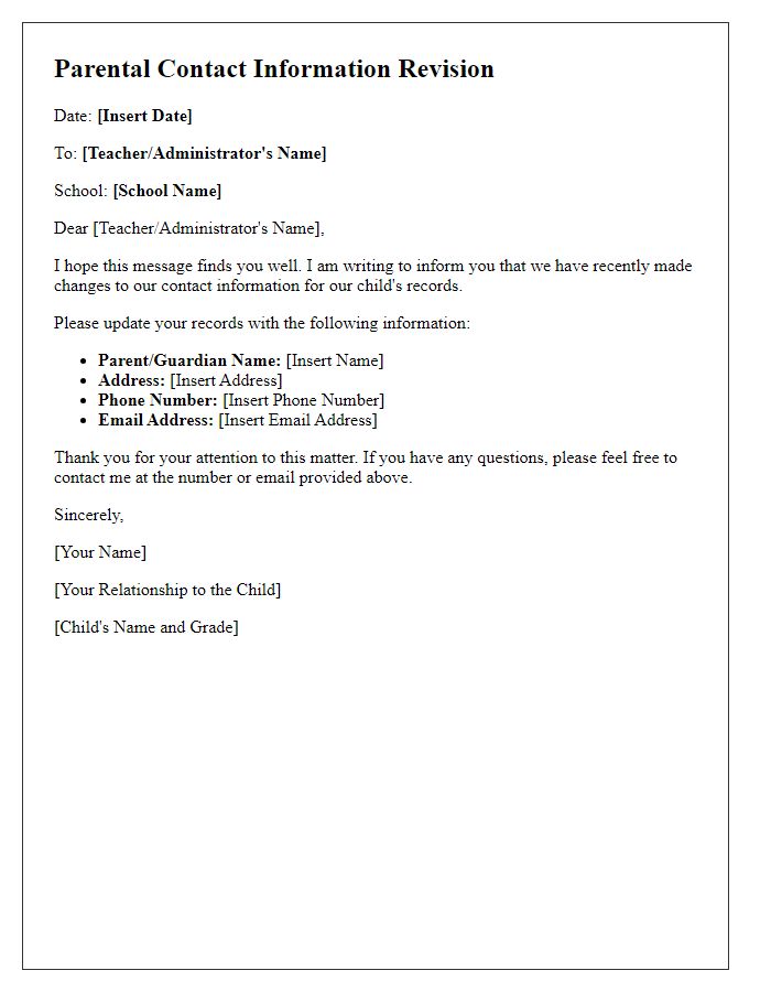 Letter template of parental contact information revision for school