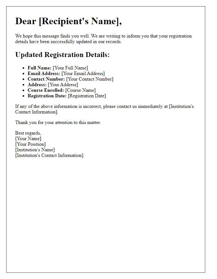 Letter template of registration details update for educational institution