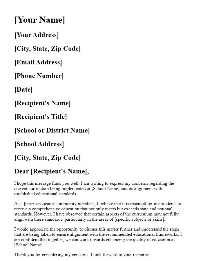 Letter template of concerns about curriculum alignment with standards.