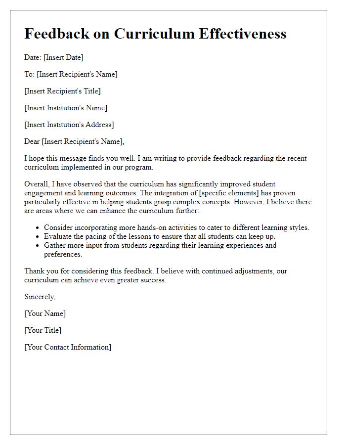 Letter template of feedback regarding curriculum effectiveness.