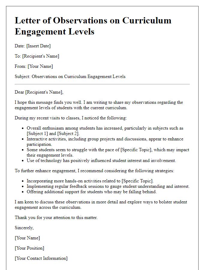 Letter template of observations on curriculum engagement levels.