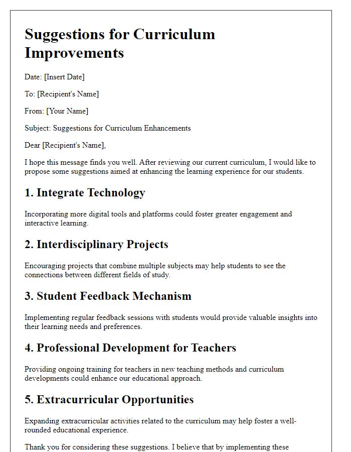 Letter template of suggestions for curriculum improvements.