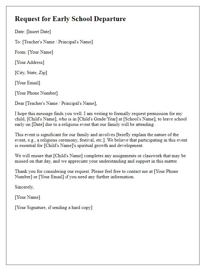 Letter template of appeal for early school departure for a religious event.