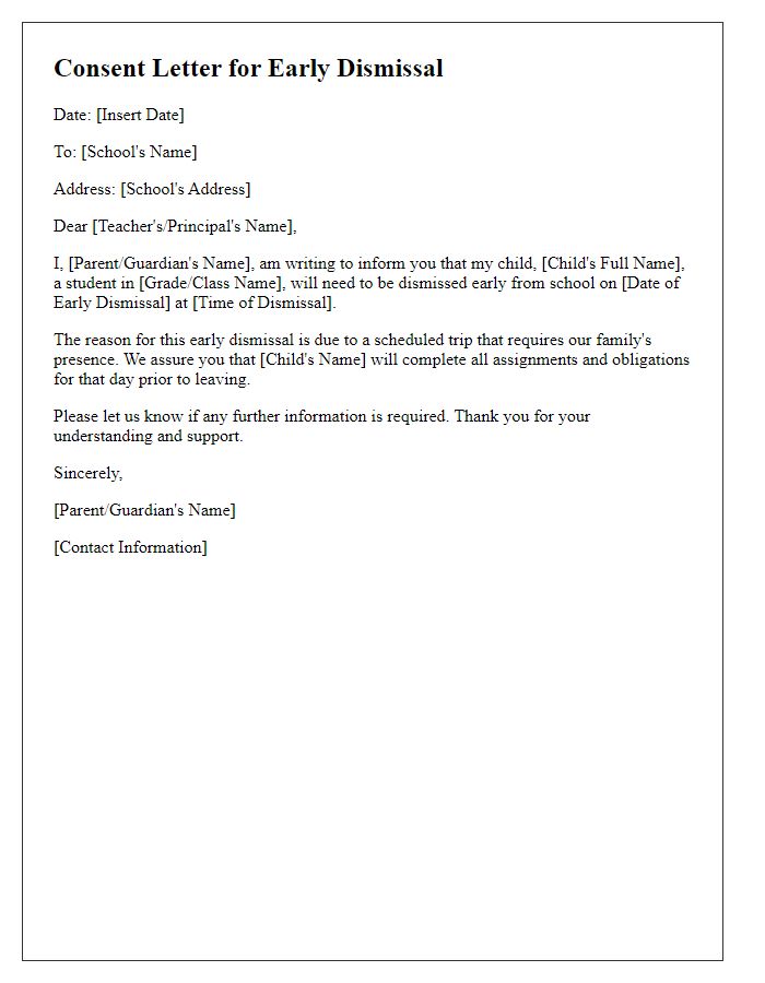 Letter template of consent for early dismissal from school for a scheduled trip.