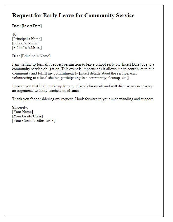 Letter template of formal request to leave school early for a community service obligation.