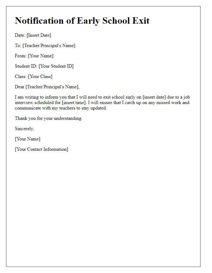 Letter template of notification for early school exit for a job interview.