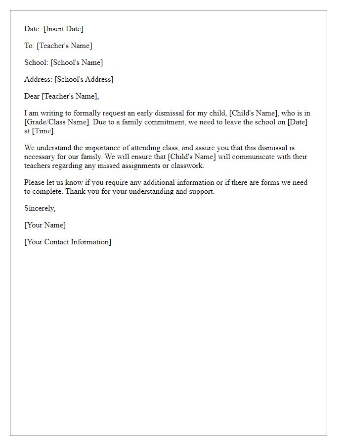 Letter template of request for early school dismissal for a family commitment.