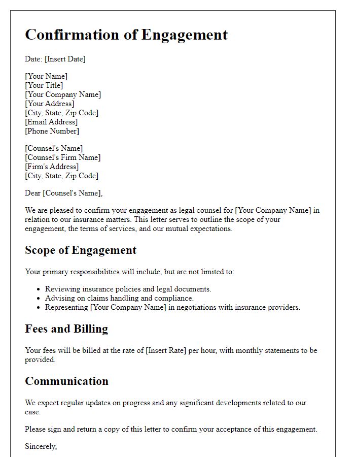 Letter template of confirmation for insurance legal counsel engagement.