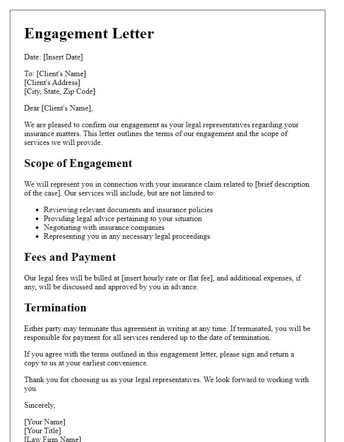 Letter template of engagement letter for insurance legal representation.