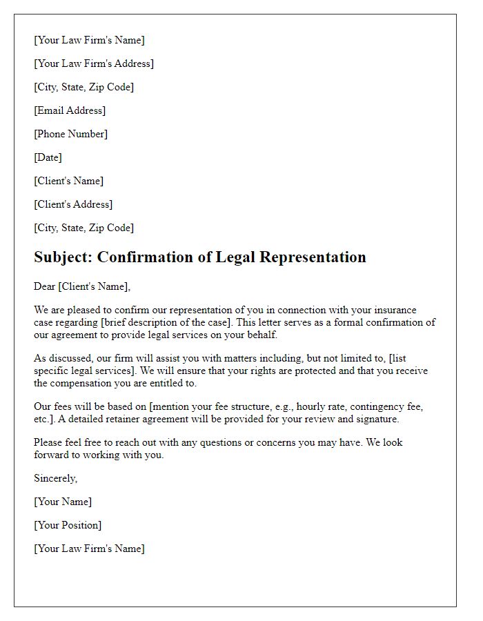 Letter template of formal confirmation for legal representation in insurance cases.