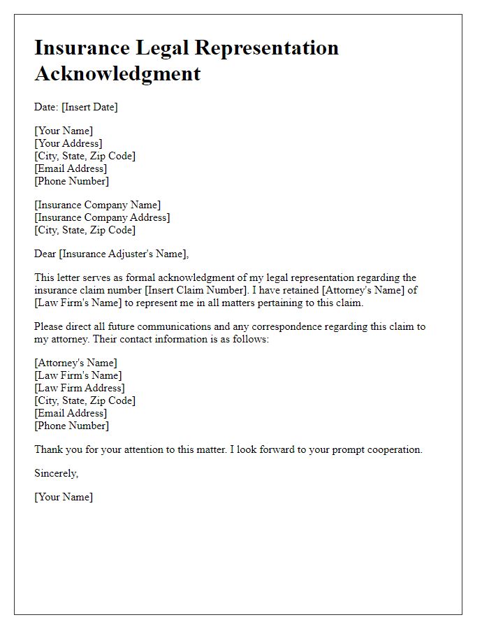 Letter template of insurance legal representation acknowledgment.