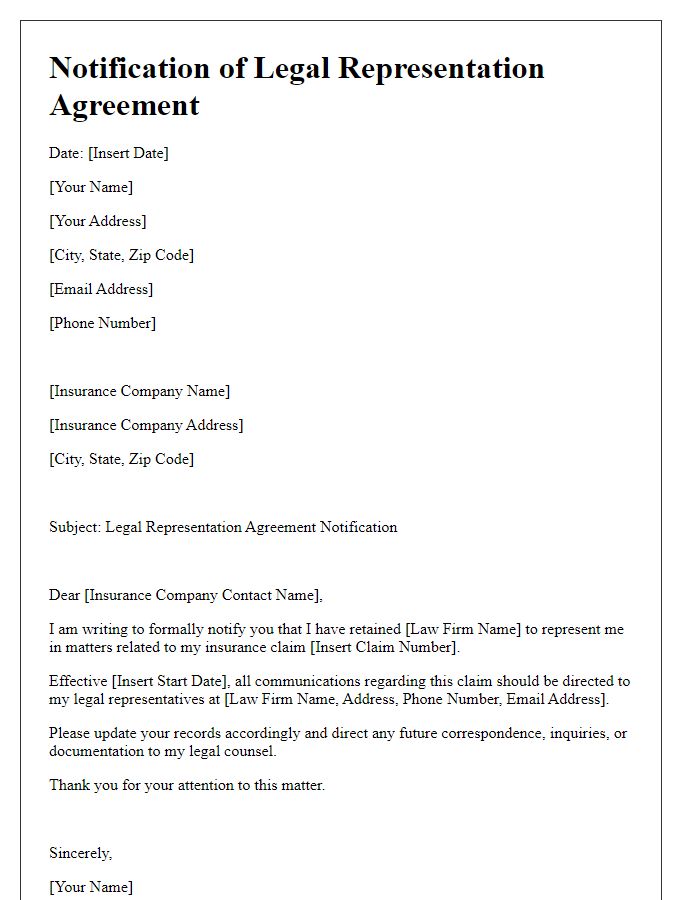 Letter template of insurance legal representation agreement notification.