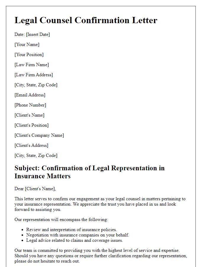 Letter template of legal counsel confirmation for insurance representation.