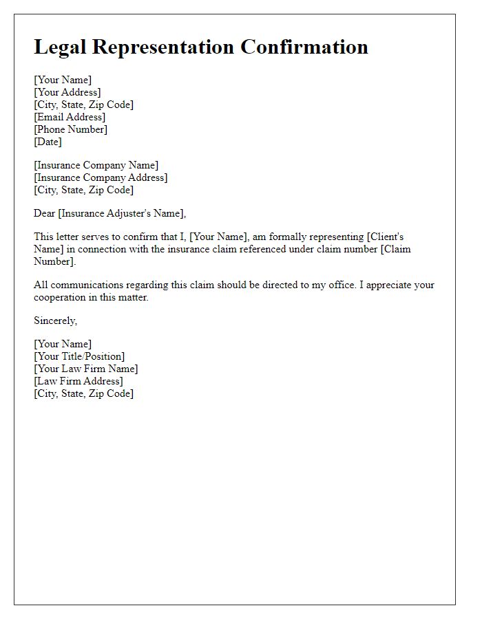 Letter template of legal representation confirmation for insurance claim.