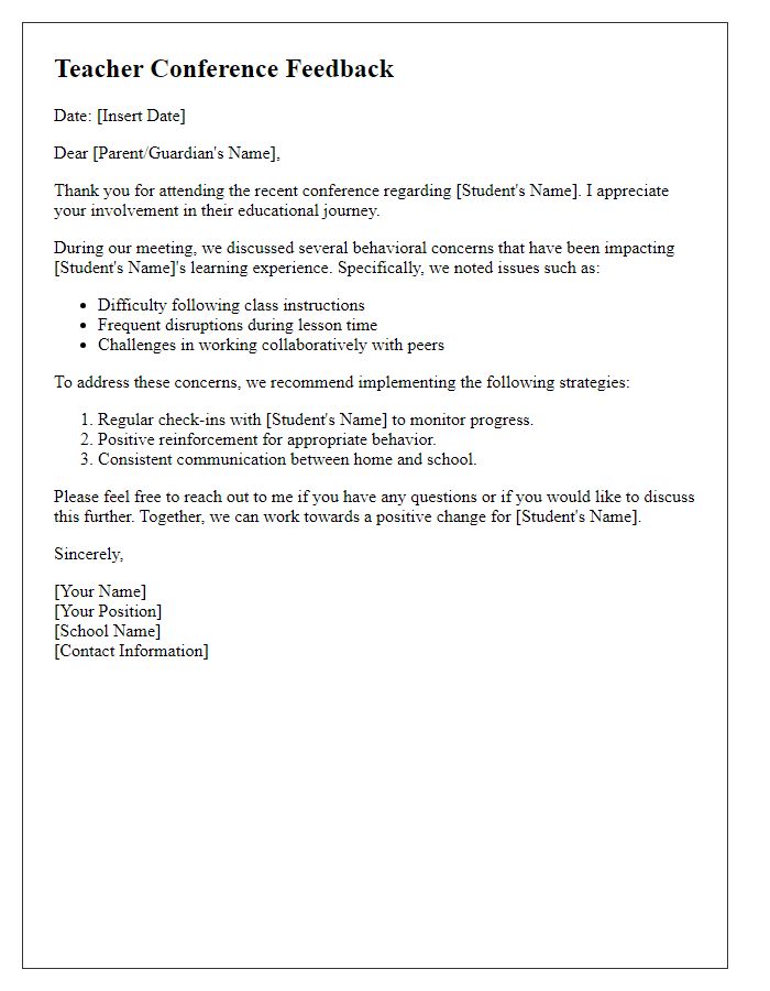 Letter template of teacher conference feedback addressing behavioral concerns.