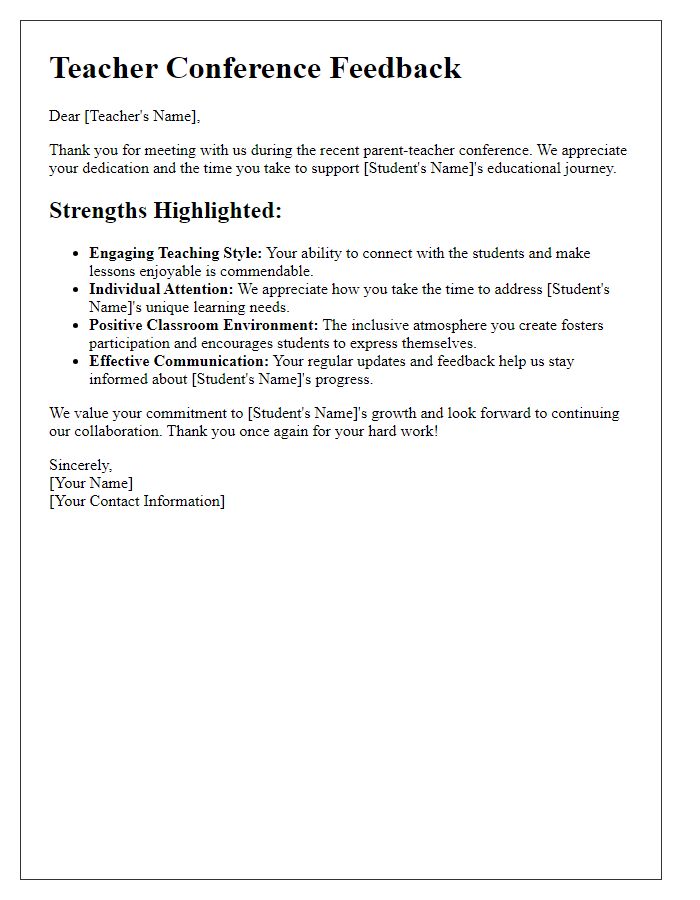 Letter template of teacher conference feedback highlighting strengths.