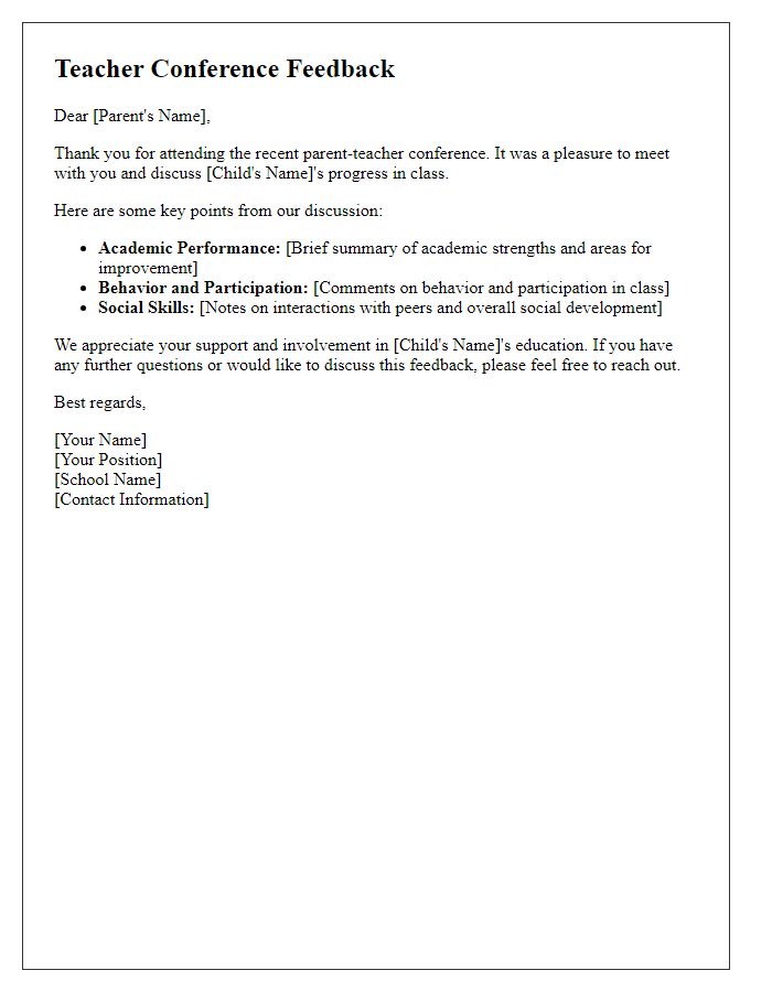 Letter template of teacher conference feedback for parents.