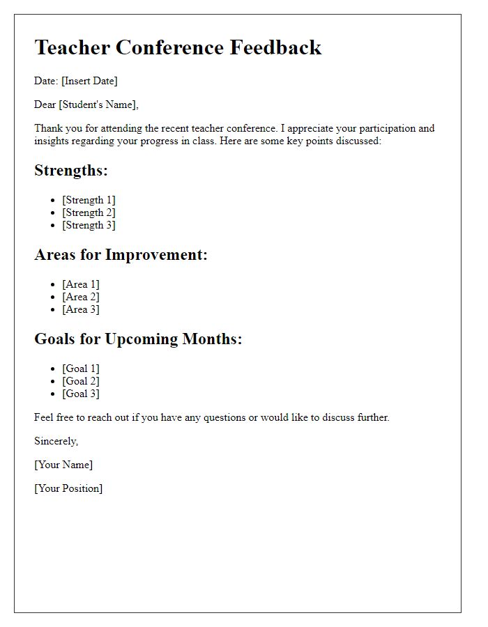 Letter template of teacher conference feedback for students.