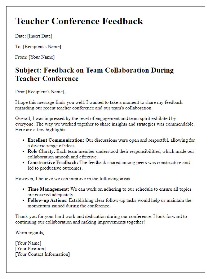 Letter template of teacher conference feedback for team collaboration.