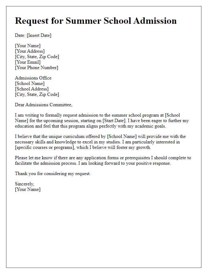 Letter template of request for summer school admission.