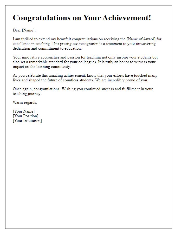 Letter template of congratulatory message for winning a teaching award.